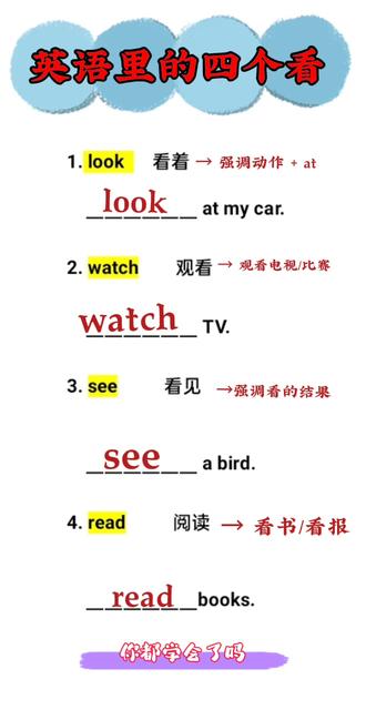 英语里的四个看🌸🌸
👉喜欢的点赞收藏吧!#每天学习一点点 #零基础英语 #创作灵感