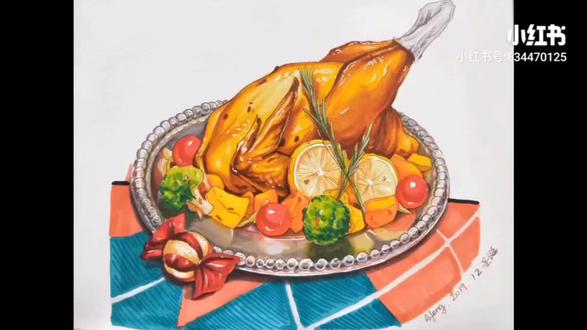 烤鸡手绘美食,美食插画系列,马克笔手绘#手绘 #画画 #插画