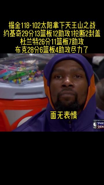 掘金118-102太阳拿下天王山之战,约基奇29分13篮板12助攻1抢断2封盖全面数据,杜兰特26分11篮板7助攻,布克28分6篮板4助攻难阻失利,太阳全员面无表情,尽显失落! #掘金vs太阳 #NBA
