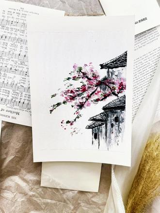自学油画棒第41天,黛瓦春樱,是古巷里偷跑出来的春天,落在了画纸上。#绘画教程 #油画棒 #跟着抖音学画画 #手绘教程 #30岁的女人