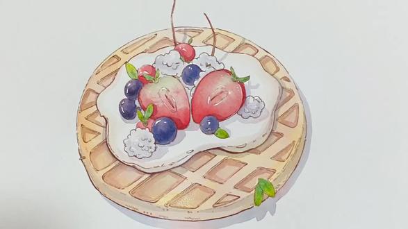 水彩甜点之草莓华夫饼#手绘 #水彩教程 #水彩