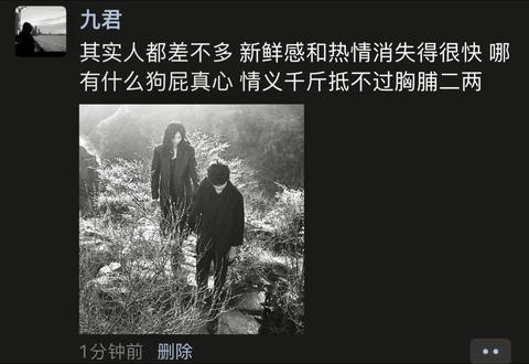 其实人都差不多 新鲜感和热情消失得很快 哪有什么狗屁真心 情义千斤抵不过胸脯二两