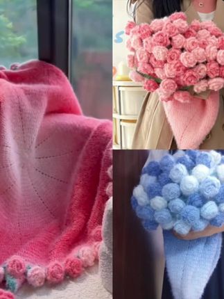 【全套毛线材料包 含工具】花束毛毯渐变玫瑰手工毯子diy材料包礼物
