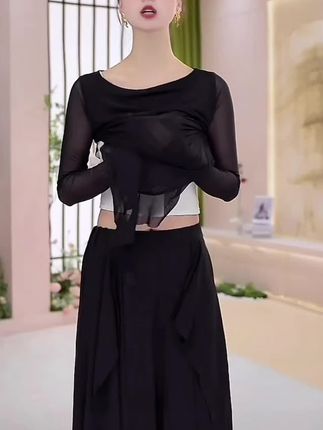 057水纱荷叶摆舞蹈服上衣修身练功服形体服长袖跳舞服秋冬新款