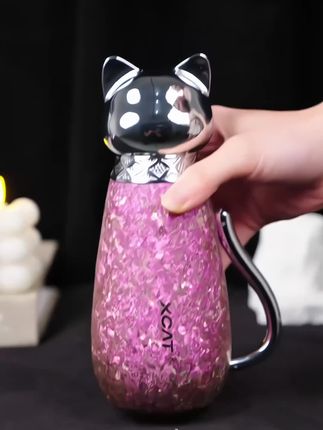 山猫喵趣纯钛保温杯,钛冰花杯身,杯身内外纯钛材质,冬天保暖,夏天保冷,萌趣tritan材质杯盖,可伸缩纯钛吸管,不易粘口红,畅饮慢偿随意切换#杯子#保温杯#纯钛保温杯#礼物#双饮杯