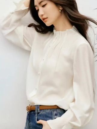 木耳边喇叭袖正肩衬衫#衬衣女 #衬衫穿搭 #衬衬衫