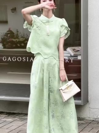 新中式名媛国风套装女2025夏季新款提花波浪边上衣阔腿裙裤两件套