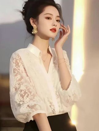 法式轻奢镂空七分袖蕾丝小衫雪纺衫女夏季复古拼接气质设计感衬衫