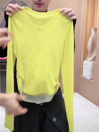 【亮哥女装】2025欧版新品柠檬黄撞色拼接收腰高弹打底上衣8832-A6