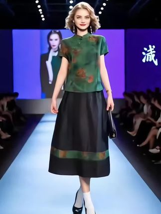 新中式高端冰丝女装,新款短袖复古洋气旗袍,改良上衣半身裙两件套 #高级感穿搭 #优雅气质 #轻奢女装 #连衣裙 #秀出新国风