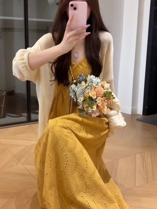 大码女装秋装长款开衫韩版宽松遮 肉显瘦设计感吊带连衣裙秋裙#大码女装 #秋季穿搭 #开衫 #吊带 #连衣裙