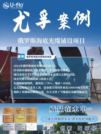 2016年俄罗斯海底光缆铺设项目中,针对海水强腐蚀、复杂海流与多变地形等挑战,项目采用尤孚VP铸造不锈钢潜水泵进行定制化改造。该泵凭借不锈钢材质与铸造工艺,实现强耐腐蚀性,能效比≥78%、噪音≤85dB,完美适配海洋恶劣工况。设备累计持续作业近1000小时零故障,保障了光缆铺设顺利完成,有力支持了当地通信基础设施建设。#尤孚泵业 #海底光缆铺设 #海水提升泵 #耐腐蚀潜水泵 #适配海洋恶劣工况潜水泵