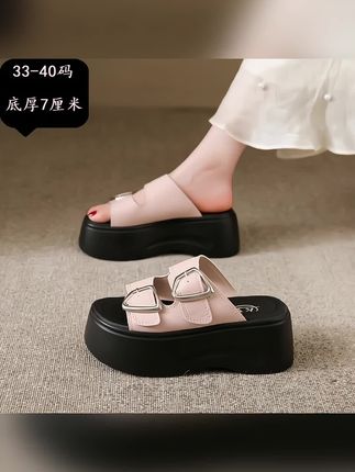 33码厚底拖鞋女夏时尚外出高颜值小脚矮个子女生增高一字拖