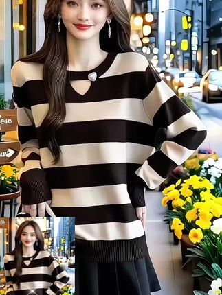 (1079)秋冬新款正肩气质独特条纹针织衫女大码显瘦毛衣打底衫女#时尚洋气百搭 #大码条纹针织衫 #显瘦穿搭 #谁穿谁好看不分年龄段