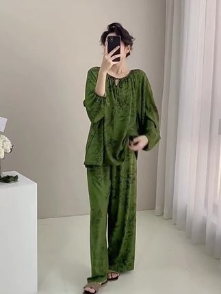 【升级版带防凸点内衬】长袖长裤家居服女加大款棉绸休闲时尚慵懒风#居家服 #家居服套装 #睡衣家居服 #睡衣穿搭 #在家也要美美哒