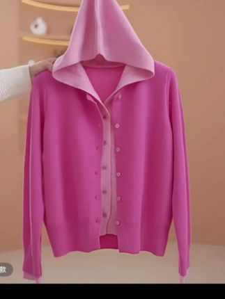 连帽毛衣女设计感假两件针织衫秋冬新款小众慵懒风减龄撞色上衣潮#面料细腻