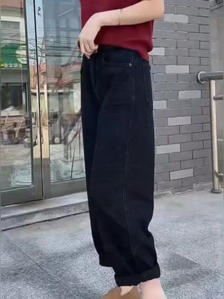 飞芊娅梨形身材弹力高腰直筒牛仔裤女秋季新款九分显瘦哈伦老爹裤#老爹裤 #直筒裤 #牛仔裤