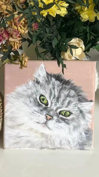 来画一只高冷银渐层小猫 这只银渐层长得像个小发糕,尤其是那对绿翡翠的大眼睛,在一根根的种毛之后,真相伸手进画了rua一rua!#画 #猫 #装饰画 #氛围感 #油画