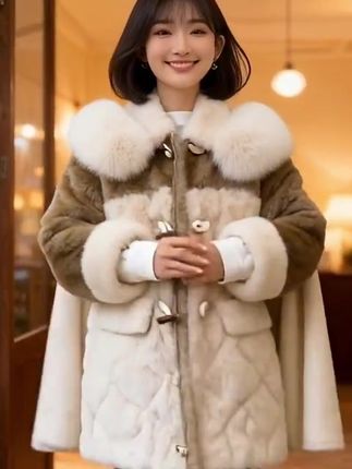 毛毛拼接牛角扣棉服女冬季2025新款韩系小个子保暖加厚棉衣外套#时尚穿搭时尚穿搭时尚 #每日分享 #强烈推荐 #穿搭分享
