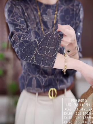 春秋打底衫印花显瘦秋季T恤抗皱长袖常规款宫廷风针织百搭圆领#面料舒适