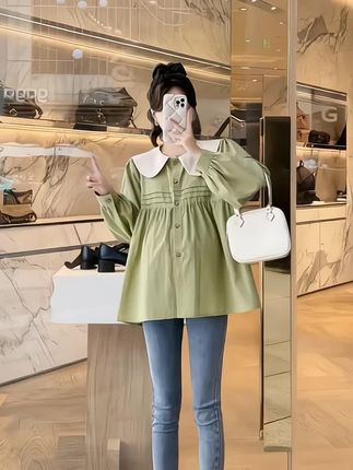 大码孕妇装甜美长袖衬衫上衣春秋新款撞色娃娃衫气质打底衣#春秋穿搭 #穿搭ootd #孕妇穿搭 #大码女装