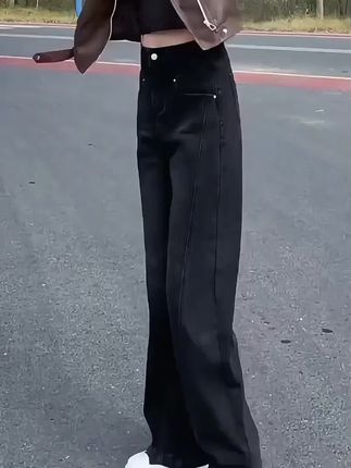 2025早秋新款黑色牛仔裤女大码显瘦窄版直筒拖地裤遮肉减龄阔腿裤#阔腿裤女 #减龄穿搭 #窄版阔腿裤 #大码女装 #显瘦牛仔裤