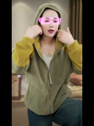 【沐沐】春秋新款时尚休闲百搭双面澳粒绒减龄加绒撞色连帽拼色外 #秋冬新款#女装#连帽卫衣#开衫外套#保暖又好看