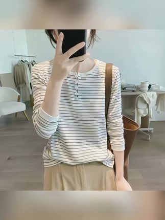 纯棉条纹t恤女春秋新款简约显瘦韩版圆领时尚基础款打底减龄上衣#条纹t恤 #打底衫 #新款分享