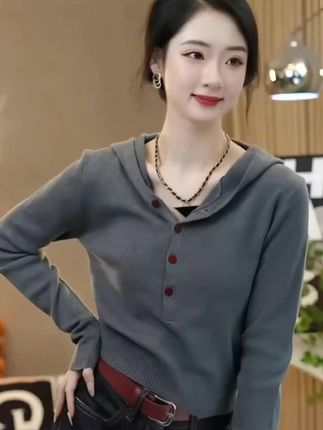 #韩版小个子短款连帽长袖针织衫女秋季新款百搭套头毛衣打底衫上衣