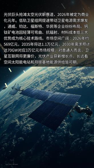 2026年,被业内定为太空光伏商业化元年。你可能想知道:为什么突然这么火?核心原因是低轨卫星组网在提速。就像你家要装WiFi需要路由器一样,太空里的卫星也需要电源。以前卫星数量少,用传统电池就行;现在马斯克的星链计划要发几万颗卫星,亚马逊、咱们中国也在搞自己的卫星互联网,这么多卫星的电源需求一下子爆发了。这就导致了光伏巨头们纷纷杀入太空赛道。通威股份找航天钙钛矿企业联合研发,钧达股份参股航天光电企业,福斯特牵手做航天级封装材料,华民股份直接建联合实验室。简单说就是:地面光伏竞争太激烈了,大家都在找新出路,太空就是那个新大陆。为什么钙钛矿电池成了香饽饽?因为它有三个绝活:第一,轻薄可弯曲,卫星装它能减重;第二,抗辐射,太空里辐射强它不怕;第三,材料便宜,成本低。这就像给卫星量身定做了一件超级羽绒服——又轻又暖和还便宜。那这意味着什么?对普通人来说,首先卫星互联网会更便宜,以后飞机上刷视频不用愁了;其次光伏产业找到新增长点,相关公司业绩有盼头;长远看,空间太阳能电站甚至月球基地能源供给都可能成为现实。最后看数据:2026年全球市场规模约569亿元,2035年将暴增至近1.1万亿元,十年增长接近20倍。中信证券更乐观,预计2030年需求可达70GW,对应市场规模接近3万亿元。
