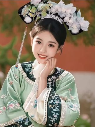 满清宫廷风旗头假发,绢纱花朵发夹流苏步摇配饰。贵妃格格妆造假发头饰组合套装。#古风饰品 #旗头