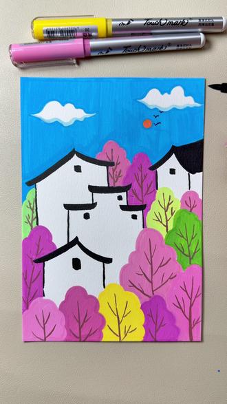 丙烯马克笔画春天乡村小风景🖌️:泰驰漫洛pro丙烯马克笔,📒:水彩纸#跟着抖音学画画#艺术在抖音#丙烯马克笔绘画#泰驰漫洛pro #泰驰马克