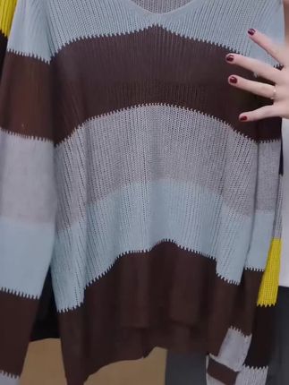 条纹慵懒风~美拉德色系秋感新款V领长袖针织衫宽松撞色精纺羊毛 #针织衫#慵懒风