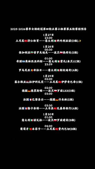 最精彩比赛 科内vs泽仁 2025-2026赛季女排欧冠第四轮正赛小组赛第五轮赛程预告
1月27日
23:00
土耳其🇹🇷泽仁体育——意大利🇮🇹科内利亚诺(D组)✨
1月28日
00:30
保加利亚🇧🇬普罗夫迪夫——波兰🇵🇱热舒夫(E组)
01:00
希腊🇬🇷奥林匹亚科斯——意大利🇮🇹蒙扎(米兰)(C组)
23:59
罗马尼亚🇷🇴布拉日——意大利🇮🇹斯坎迪奇(A组)
1月29日
02:00
塞尔维亚🇷🇸拉伊科瓦茨——土耳其🇹🇷伊萨奇巴希(C组)
02:00
德国🇩🇪德累斯顿——波兰🇵🇱罗兹LKS(D组)
03:00
法国🇫🇷巴黎圣云——德国🇩🇪什未林(E组)
03:30
法国🇫🇷勒卡奈特——土耳其🇹🇷瓦基弗银行(A组)
1月30日
01:00
意大利🇮🇹诺瓦拉——波兰🇵🇱罗兹建设(B组)
04:00
葡萄牙🇵🇹本菲卡——土耳其🇹🇷费内巴切(B组)