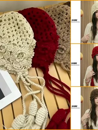 2025新款花朵手工编织双层辫子毛线帽子女秋冬 保暖百搭针织护耳帽#花朵手工帽#毛线帽#针织护耳帽