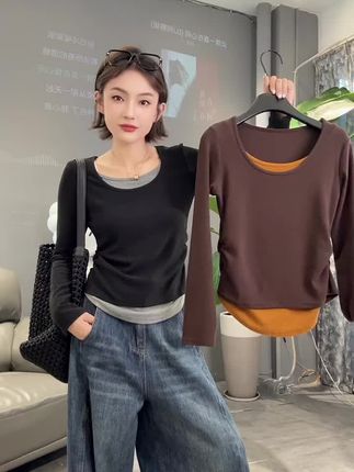 2025新款秋季撞色假两件长袖圆领T恤设计感百搭打底衫女上衣#假两件#上衣#长袖t恤 #撞色搭配 #打底衫