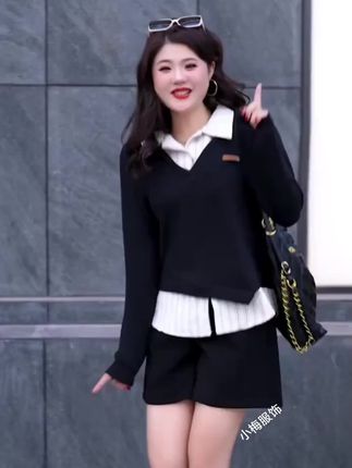 大码女装秋季假两件长袖卫衣微胖mm不规则拼接条纹衬衫#通勤搭配 #减龄气质 #出游穿搭