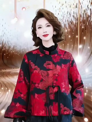 #我要上热门🔥 #优雅气质 #高级感穿搭#中式外套#短款外套 @DOU+小助手 @抖加🔥上热门🔥dou+🔥热点宝 @美子穿搭 妈妈国色天香浮雕提花中国风中式本命年红色短外套早春长袖宽松