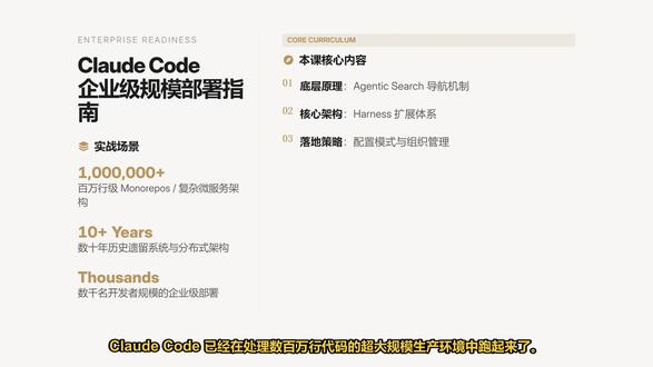 Claude Code 企业级部署与实战 深入解析 Claude Code 在大规模生产环境中的核心架构,涵盖 Agentic Search 导航原理、Harness 支架生态及组织落地策略。从技术实现到工程实践,助力企业构建标准化 AI 开发流程。#ClaudeCode #AIAgent #软件工程 #开发者工具