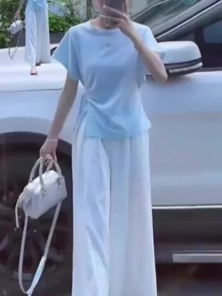 #微胖巨好看的两件套设计感小众多巴胺蓝色圆领短袖T恤阔腿裤套装#好物推荐🔥 #爆款热卖中 #抖音小助手#大数据推荐给有需要的人