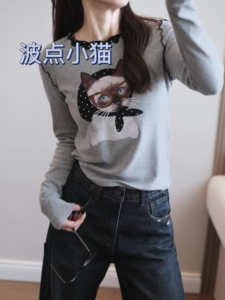 拼接波浪边小猫纯棉设计感长袖!#@晓晓的朋友圈