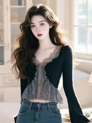 纯欲风撞色蕾丝拼接V领长袖针织开衫女春秋洋气修身百搭时尚上衣#每日分享#不分年龄谁穿谁好看#新款热卖中