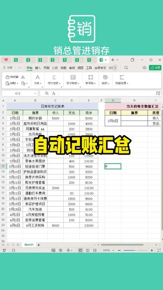 智能记账表,输入日期自动查收支明细 #干货分享#office办公技巧#wps表格#文员日常#职场加分技能