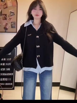 【宽松+视角显瘦】定制版黑色假两件针织衫女秋季新款学院风POLO领#女装#学院风穿搭 #假两件针织衫 #春秋新款#甜美穿搭