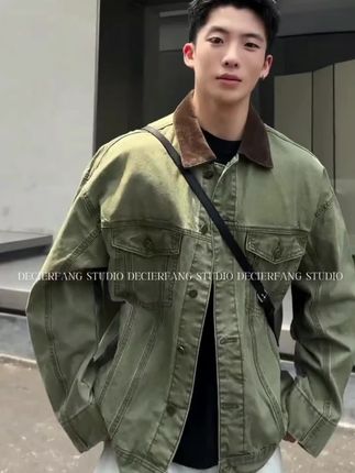 秋季美式复古纯棉撞色拼接翻领水洗牛仔外套休闲潮牌夹克男】