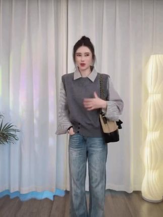 秋季新款法式拼接针织假两件条纹衬衫女高级设计感长袖针织#休闲百搭