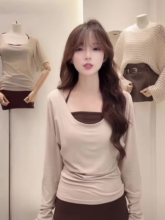 8907# 长袖T恤秋季挂脖背心纯欲性感气质套装女包臀短裙三件套