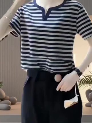 新款宽松大码遮肉半袖中年妈妈条纹上衣服棉质短袖t恤女#短袖T恤 #妈妈装 #百搭t恤 #超便宜超划算 #显瘦穿搭
