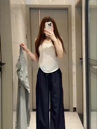 藏青色工装裤女夏季薄款休闲宽松直筒阔腿裤小个子速干美式运动裤#阔腿裤 #小个子 #百搭裤子 #显高显瘦显腿长 #2025新款