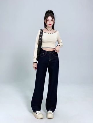 2025秋装爆款!女生深蓝色高腰显瘦直筒牛仔裤 #高腰显瘦裤子 #女款直筒裤 #女士直筒牛仔裤 #2025秋装 #深蓝色直筒